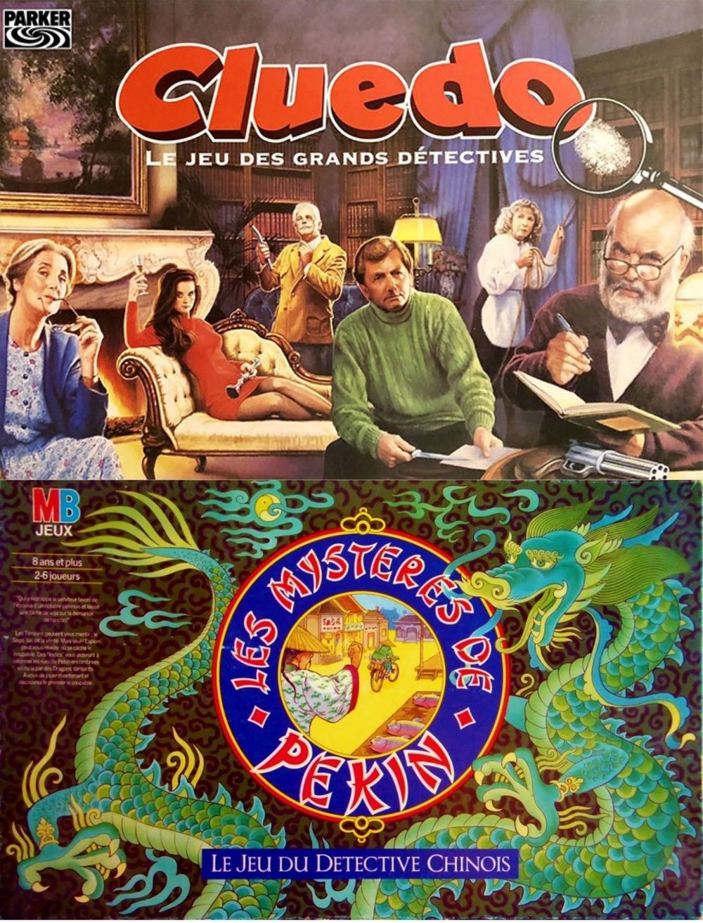 L'image représente la couverture des deux jeux, cluedo et mystères de Pékin