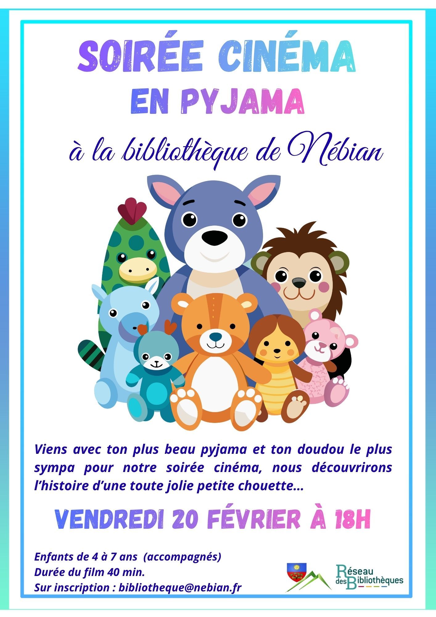 L'image représente une affiche avec des doudous et est titrée "Soirée cinéma en pyjama"