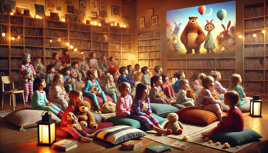 L'image représente des enfants installés en pyjama devant un grand écran de projection