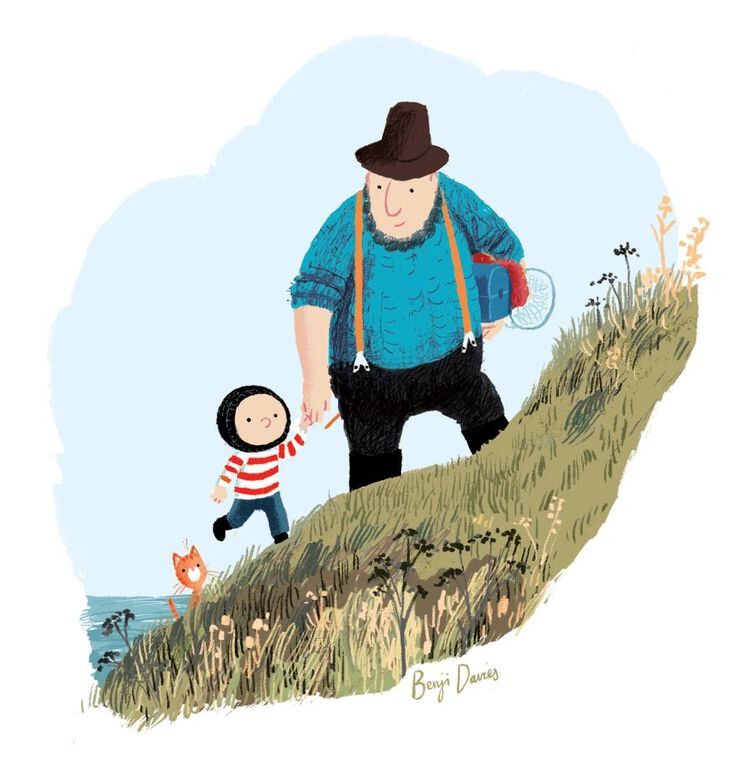 L'illustration représente un papa qui donne la main à son fils en gravissant une colline