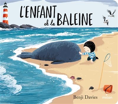 L'illustration représente la couverture de l'album L'enfant et la baleine, on y voir un enfant caresser une baleine échouée sur une plage