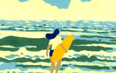 peinture à la gouache representant une surfeuse devant la mer