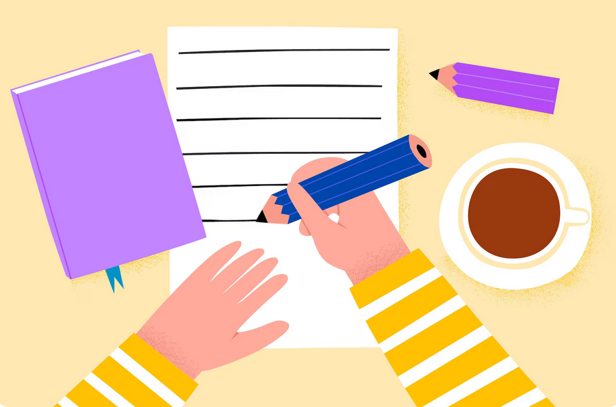 illustration coloré d'une main qui écrt, avec une tasse de café